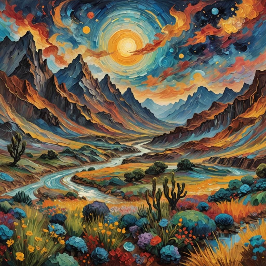 Alien Landscape: Neo-Impressionistic Canyon Under Twin Suns