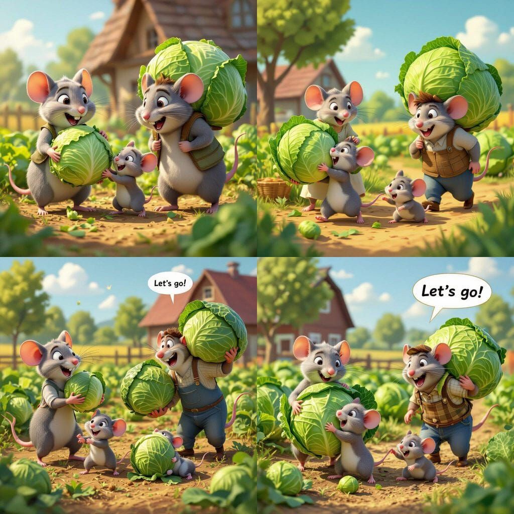 Cute Mouse Family Harvests Giant Cabbages in Pixar Style