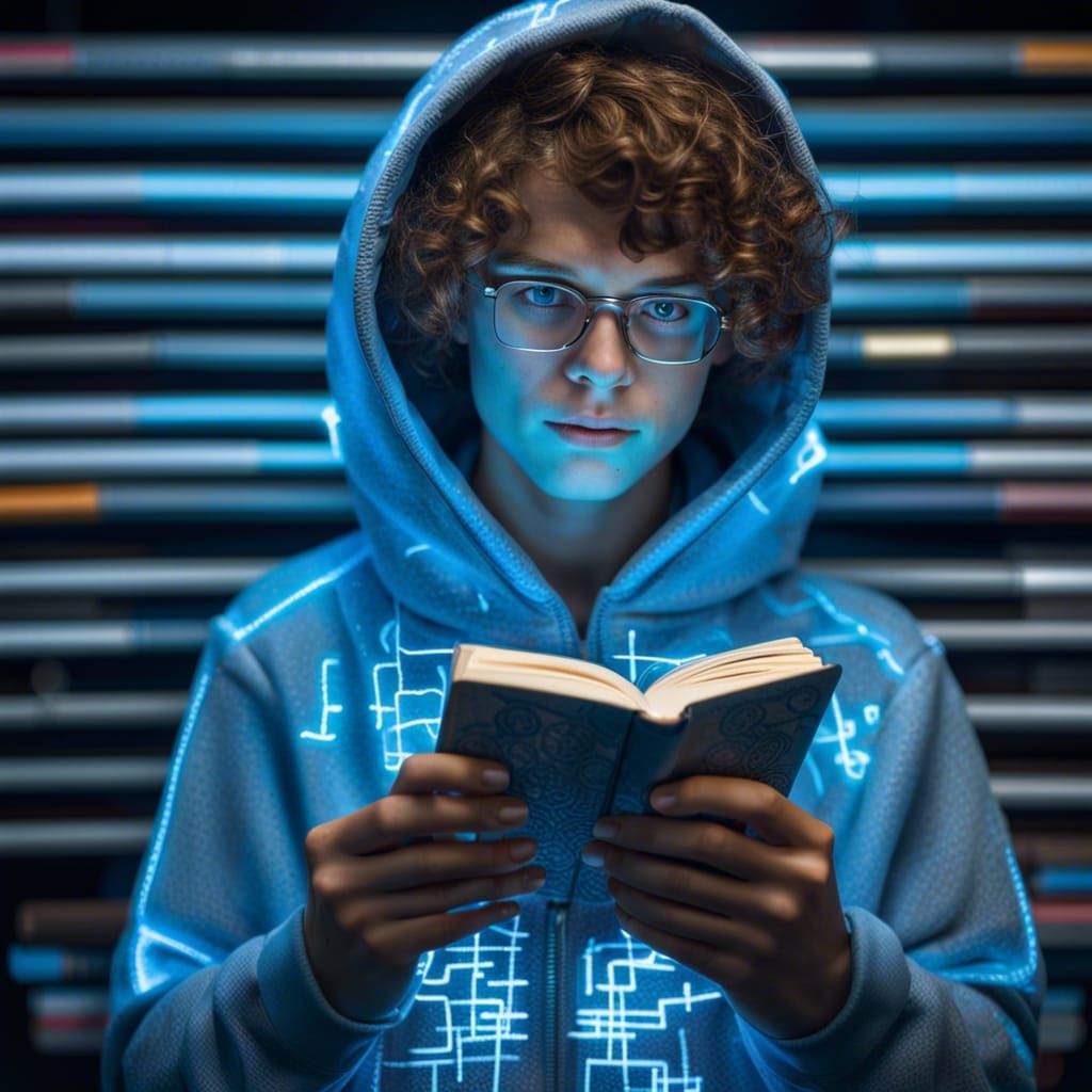 Nerdy Teen Reads Hologram Book in Cyberpunk Style
