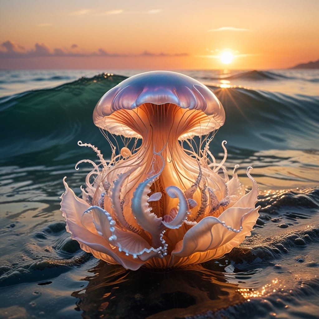 Surreal Sunset Scene with Glowing Pearl and Drifting Plant