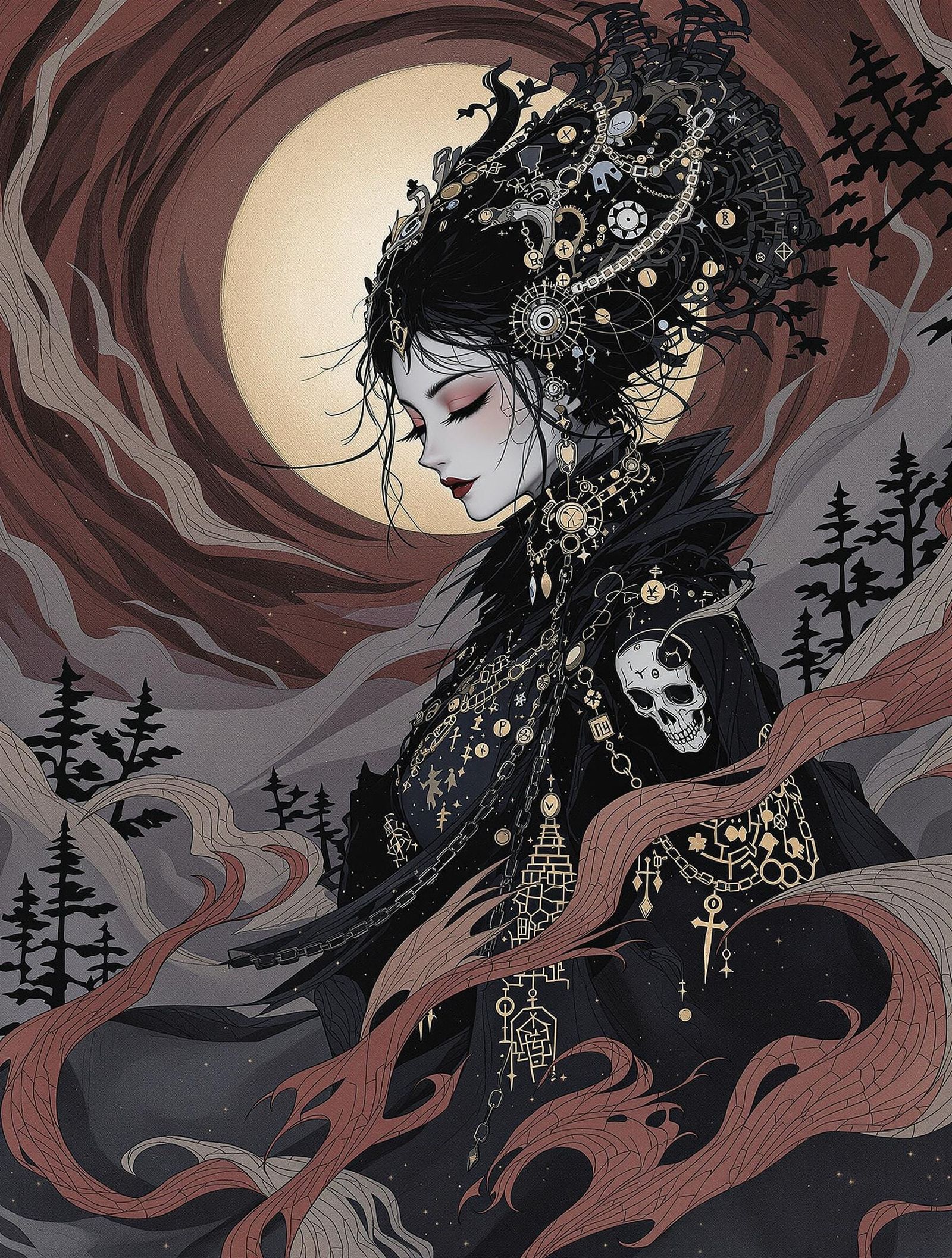 Mysterious Unseelie Figure in Moonlit Ink Painting