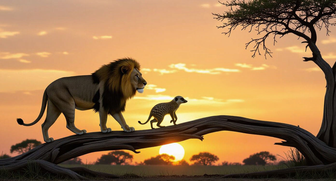 Lion and meerkat profile silhouettes, walking on a tree log,...