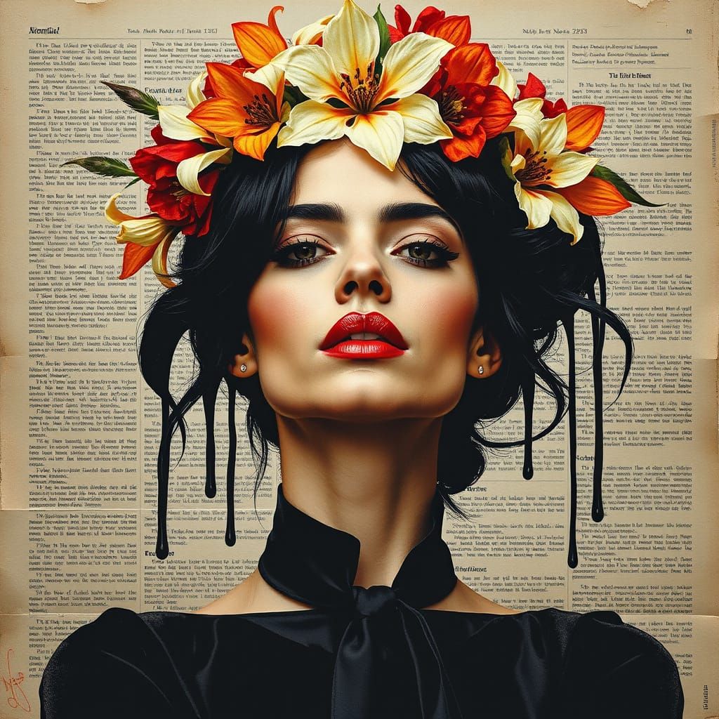 Powerful Woman with Floral Crown in Pop Art Style