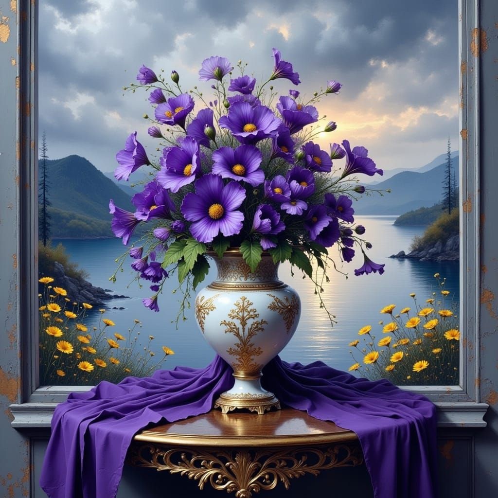 Ornate Vase with Flowers and Stormy Landscape
