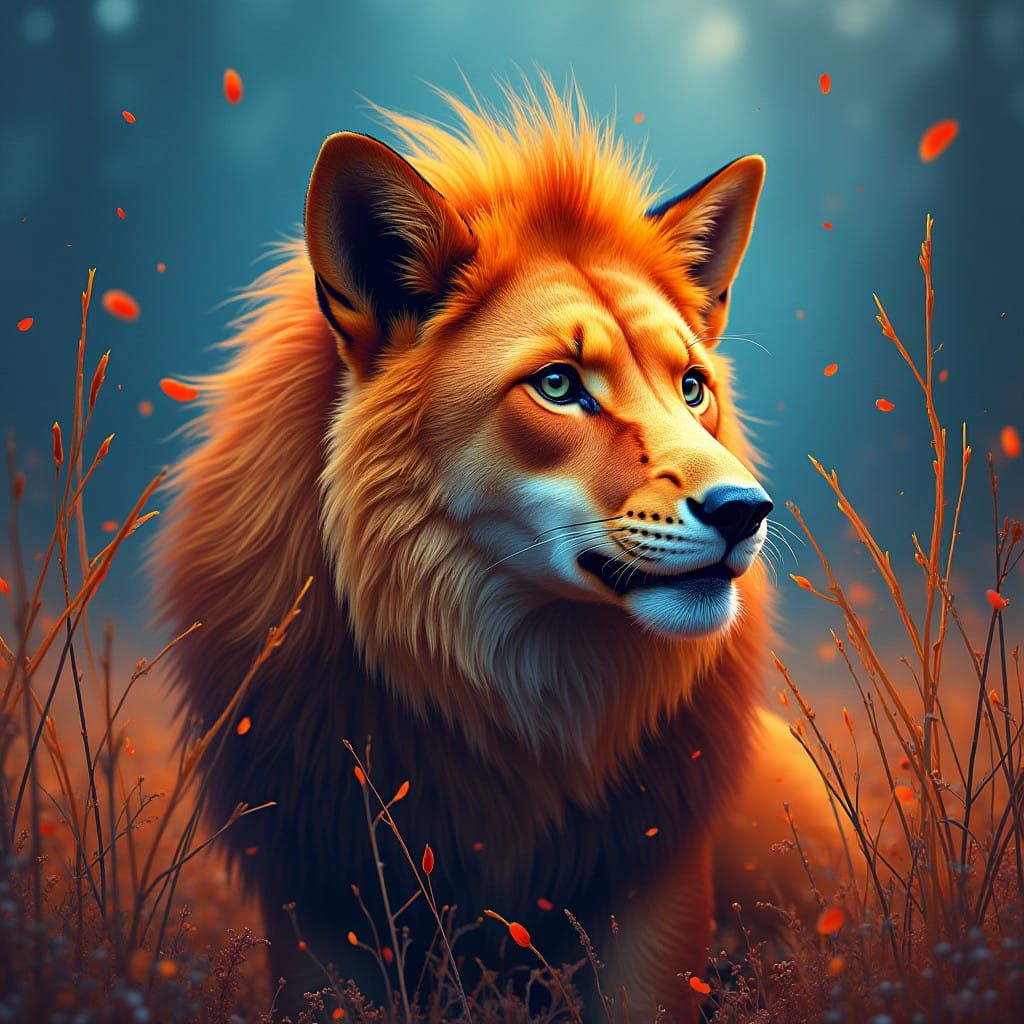 Surreal Fusion of Lion and Fox Terrier in Vibrant, Gradient....