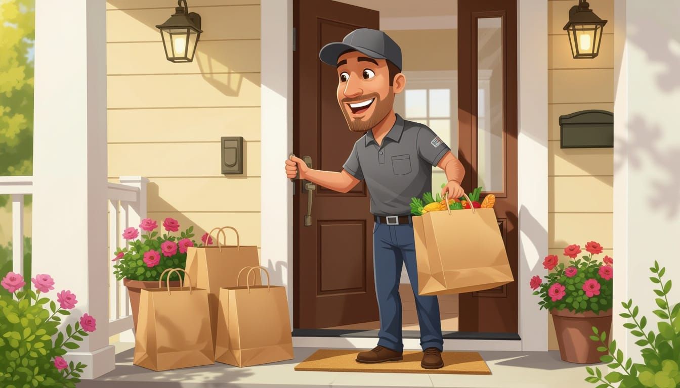 Cheerful Delivery Person in Semi-Realistic Caricature Style