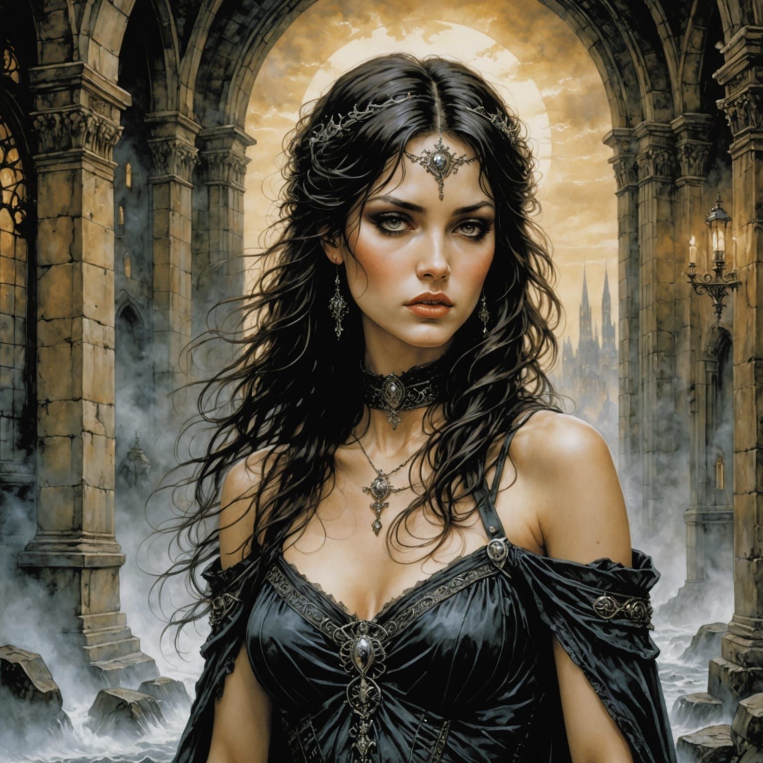 Mysterious Woman in Flowing White Garment with Purple Hair