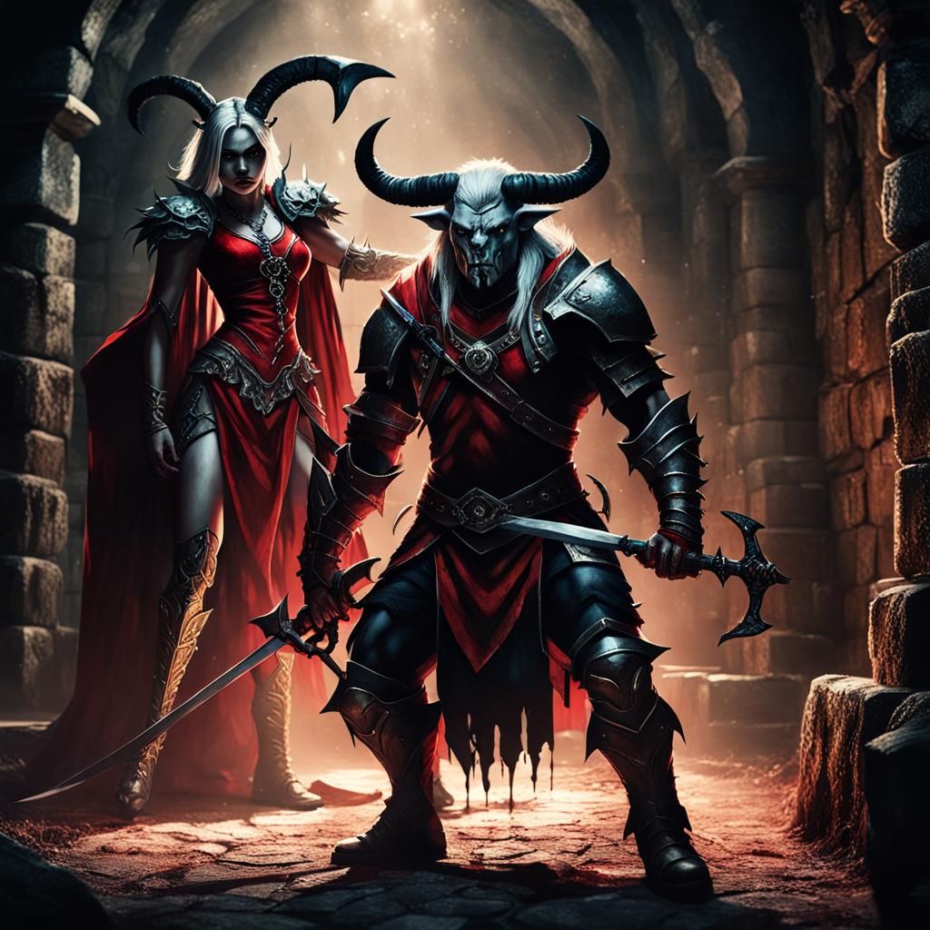 Drow Vampire and Minotaur in Dark Fantasy Style