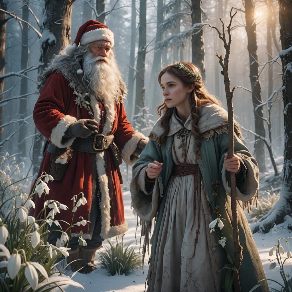 Girl and Santa in Snowy Forest: Fantasy Concept Art