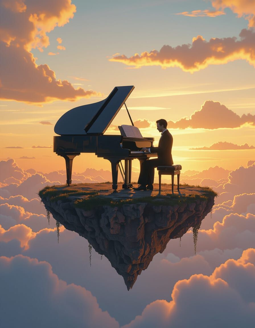 Pianist on Floating Island at Sunset, Cinematic Art