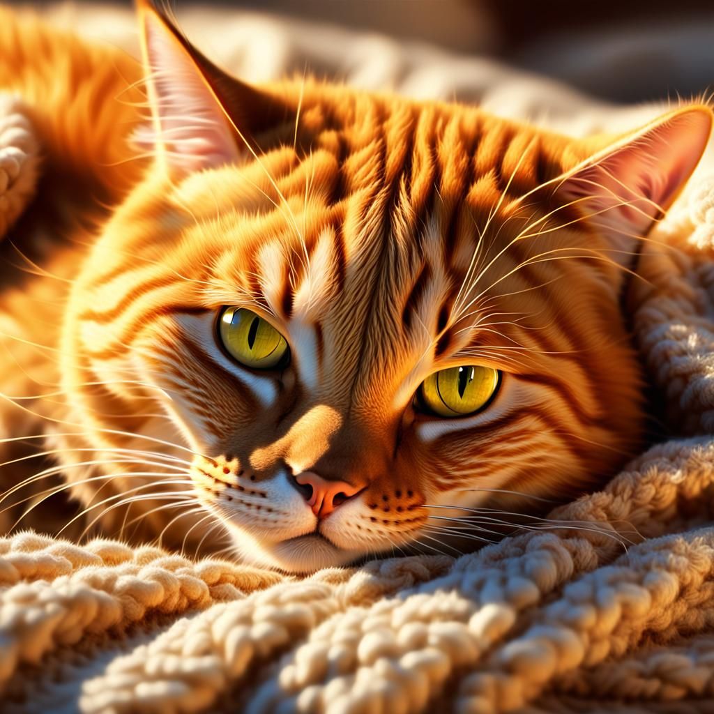 Ginger Cat Relaxes in Golden Light: Digital Art