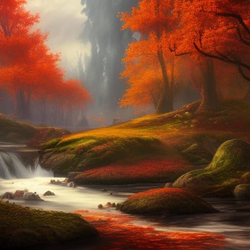 Autumn Forest River in Detailed Matte Painting