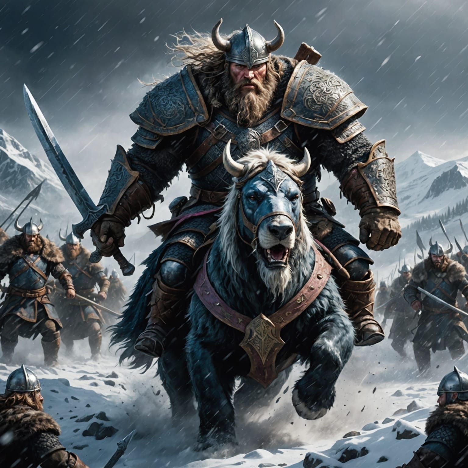 Viking and Bear in Snowstorm, Fantasy Art