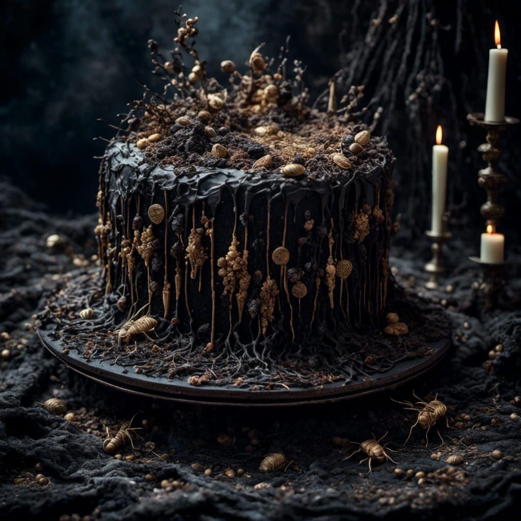 rotten Cake made of flies and maggots, on a black doyley <lo...