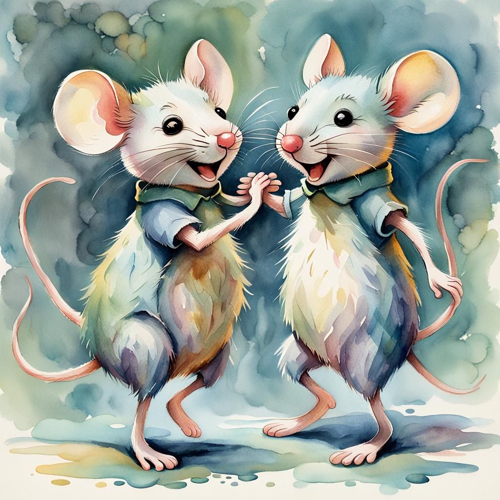 Dancing Anthropomorphic Mice in Watercolor Style