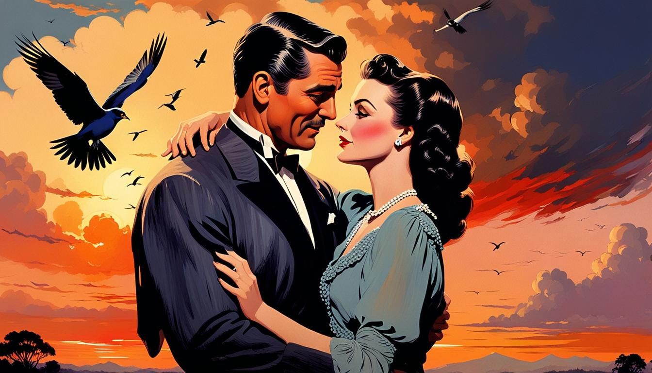 Romantic Sunset Embrace in Vintage Style