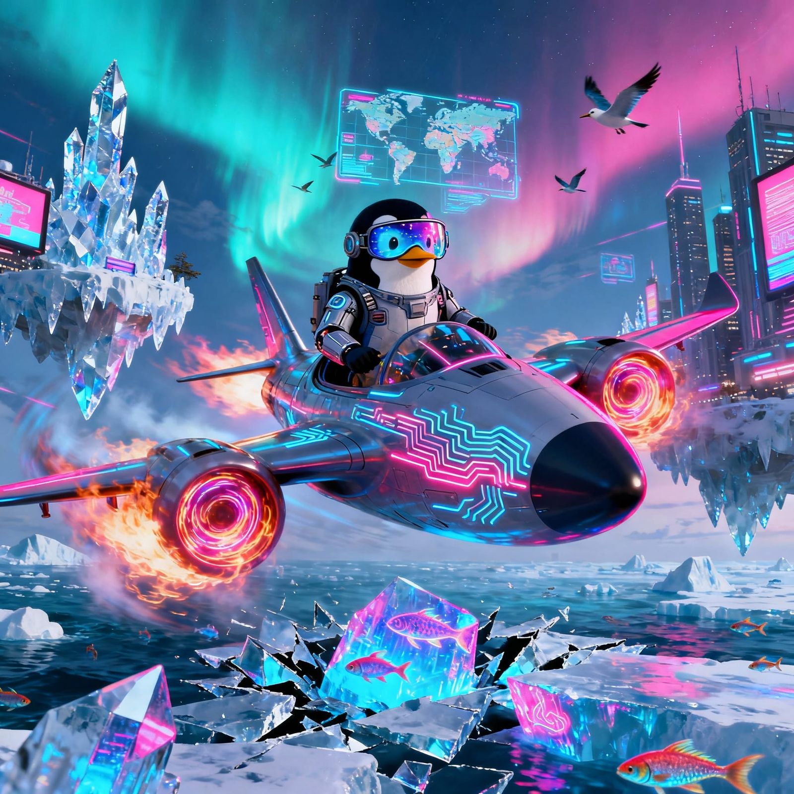 Penguin Pilot Flies Fiery Jet Over Cyberpunk City
