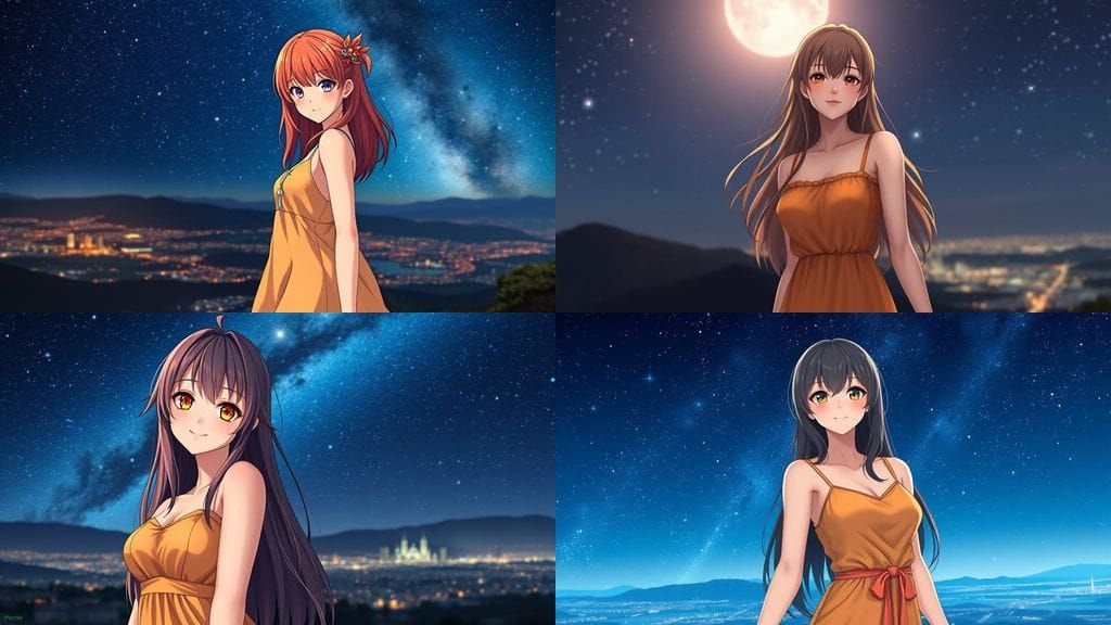 Stunning Anime Pin-up Girl in Evening Gown Poses Under Starr...