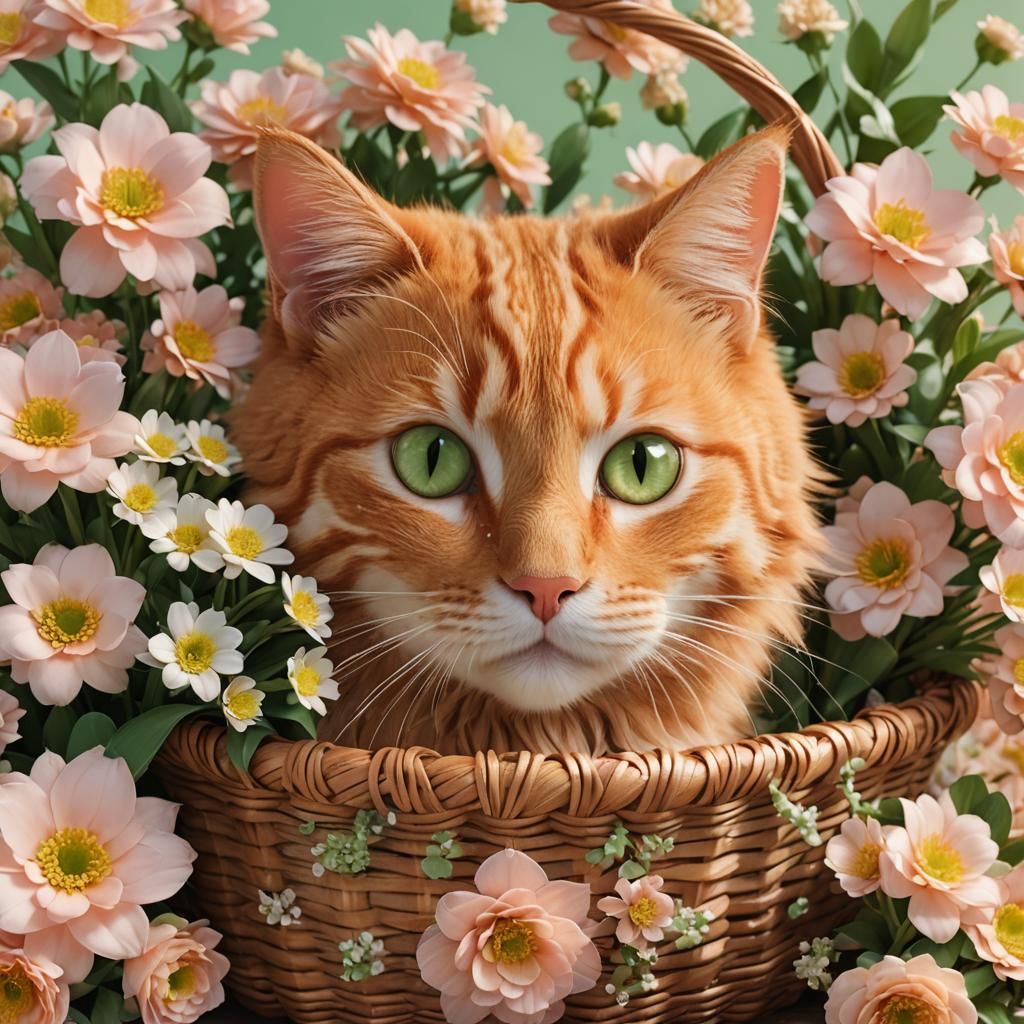 Cute Ginger Cat in Flowers, Kawaii 3D Anime Art