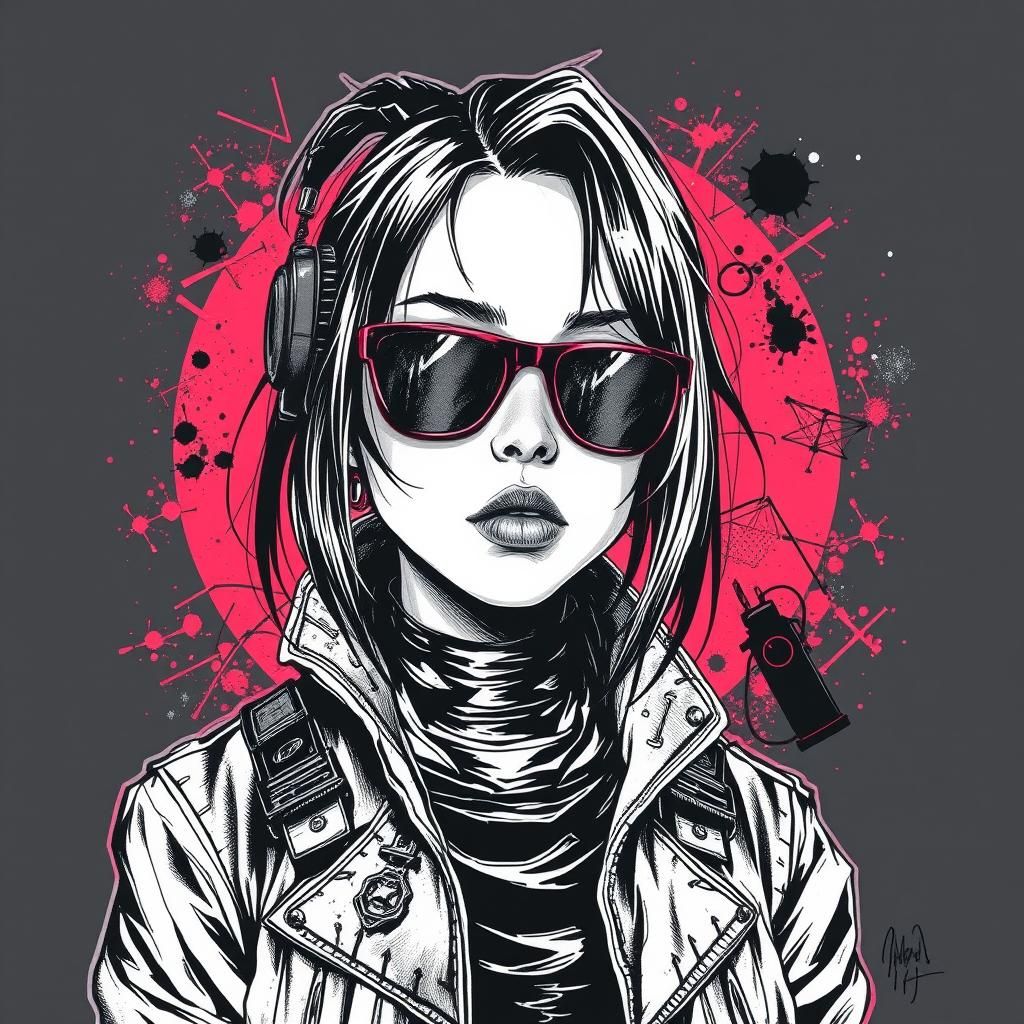 Cyberpunk Girl in Ink and Charcoal Style