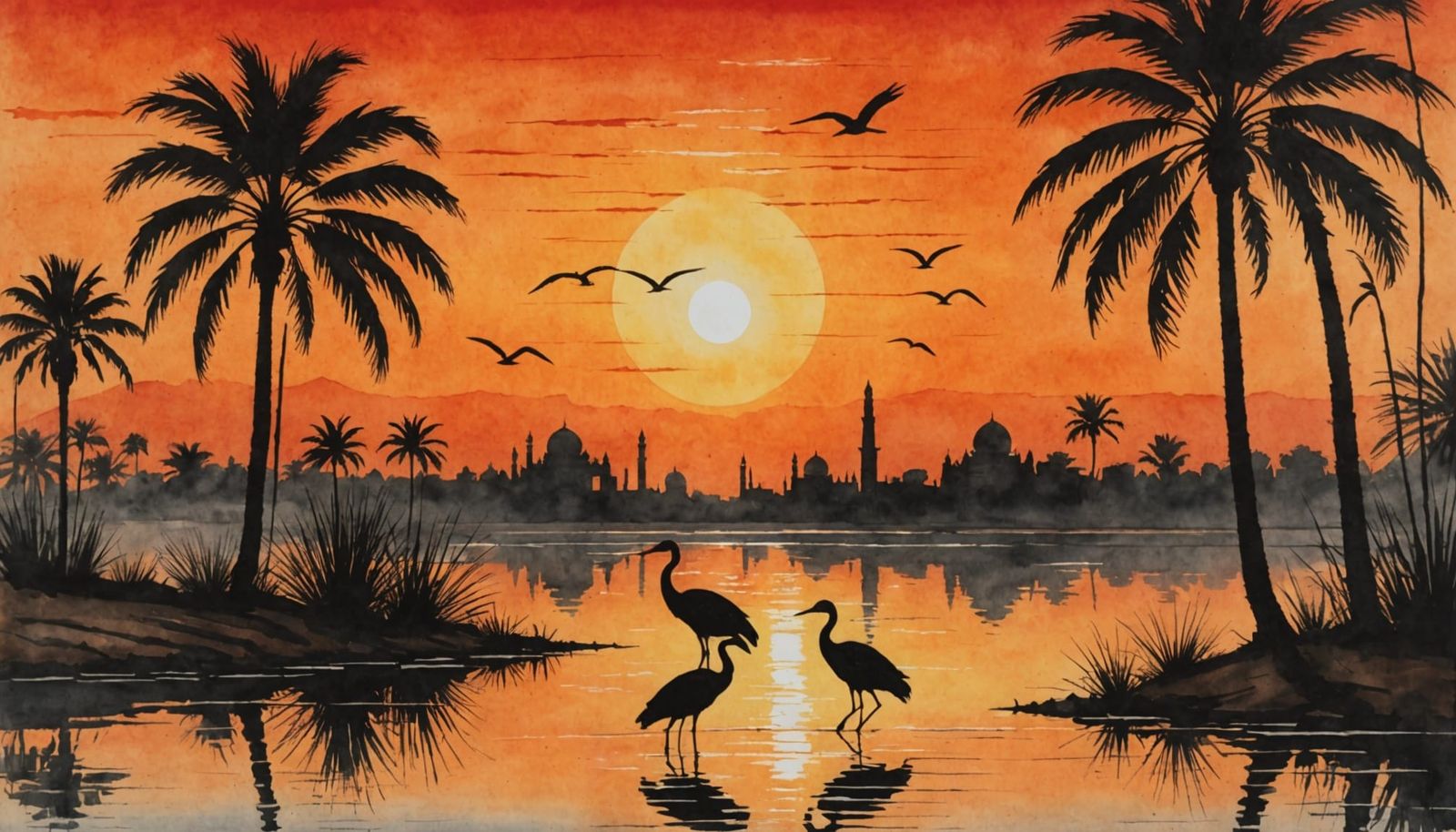Ancient Babylon at Sunset, Ibises and Pyramids in Watercolor