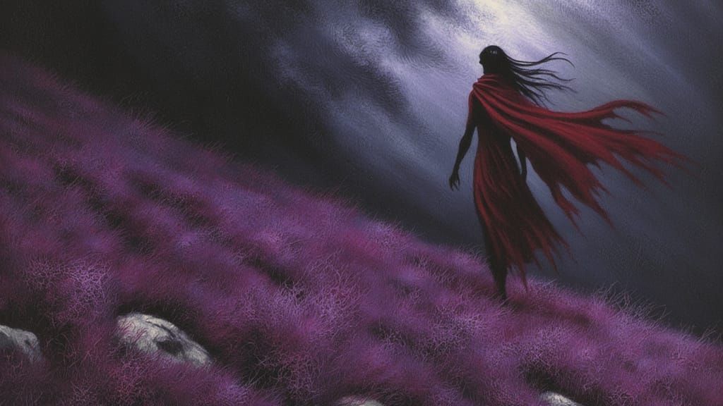 Woman in Red Cloak Walking Through Rugged Landscape