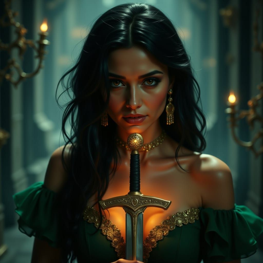 Mysterious Woman Holds Glowing Excalibur in Surreal Style