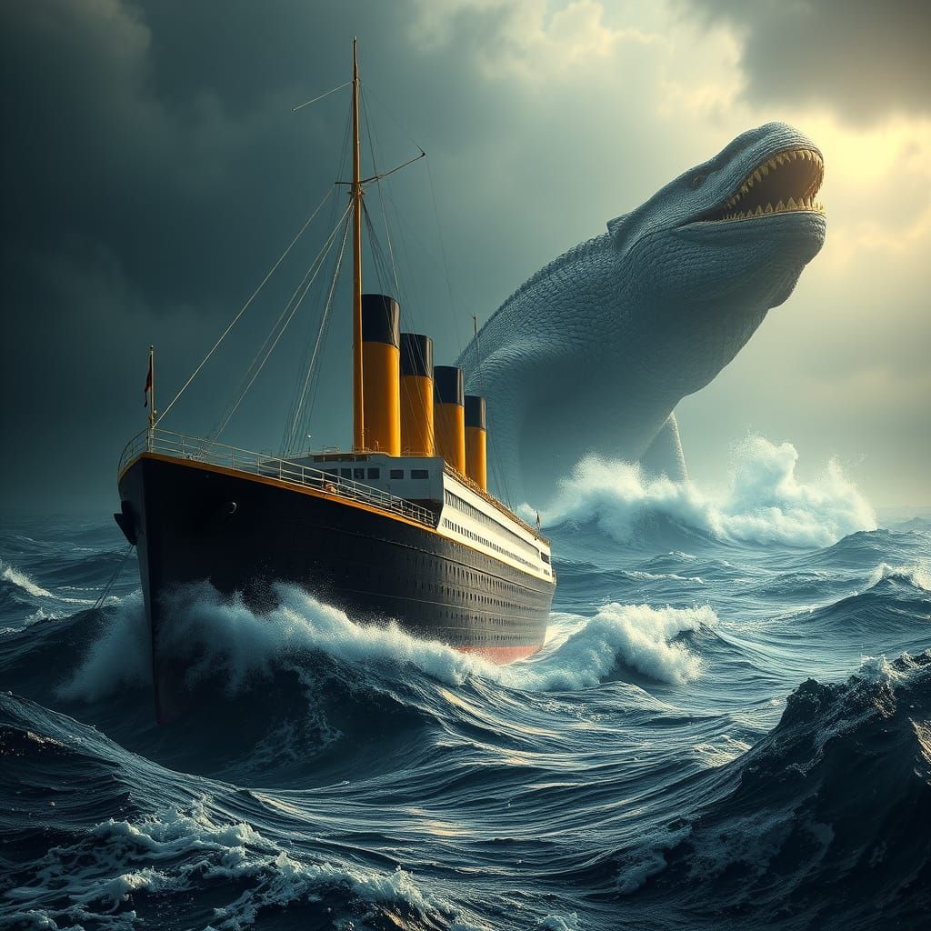 Titanic Battles Loch Ness Monster on Stormy Seas
