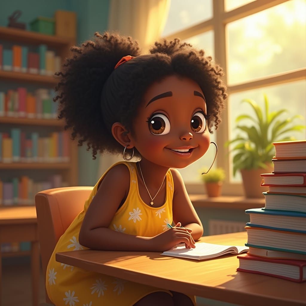 Vibrant Black Girl Enjoys School Library Time in Bright Yell...