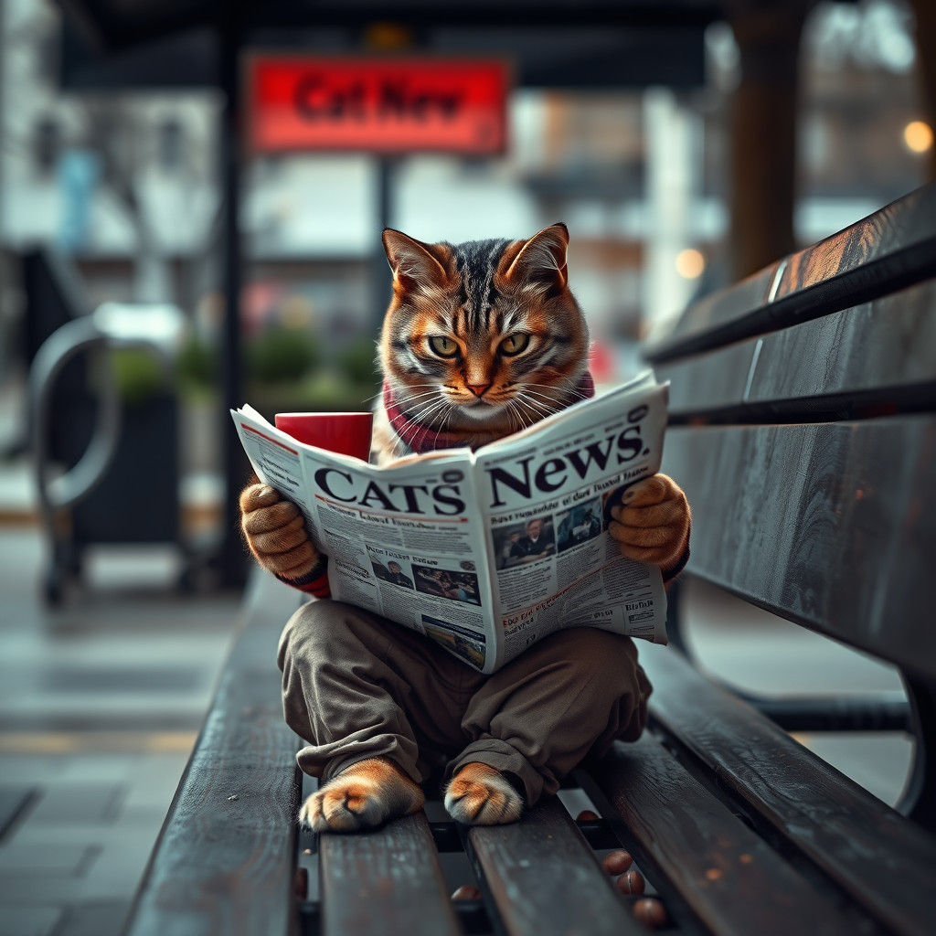 Hyperrealistic Photo of Street Cat Reading News