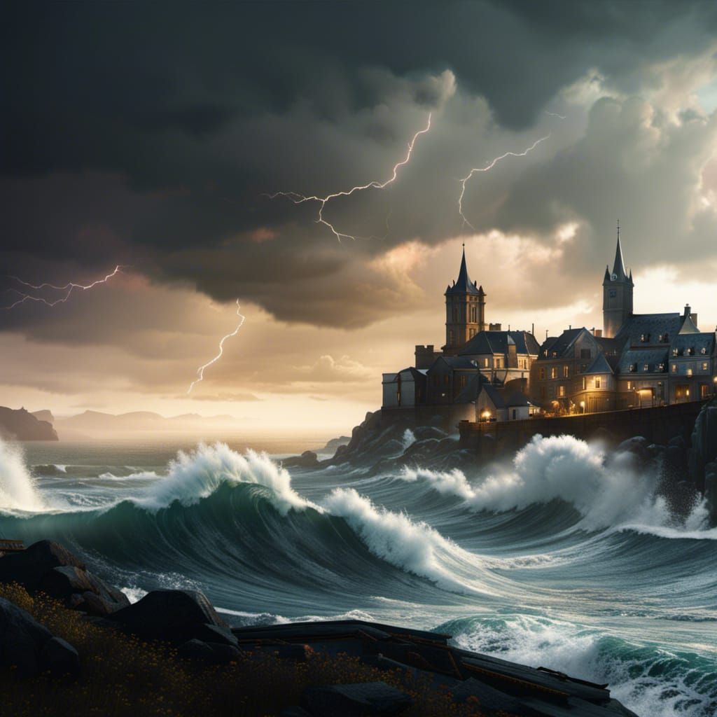 Breton town overlooking a stormy sea.