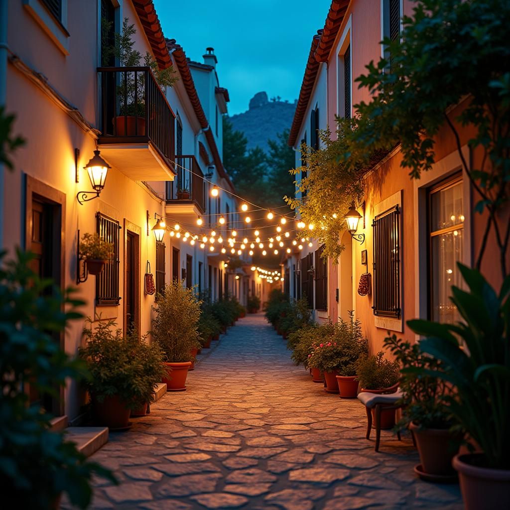 Mediterranean House at Night with Warm Lights