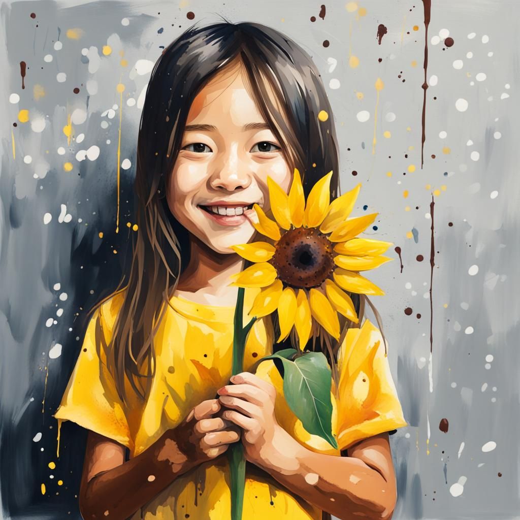 Paint-Splattered Portrait of Girl with Sunflower