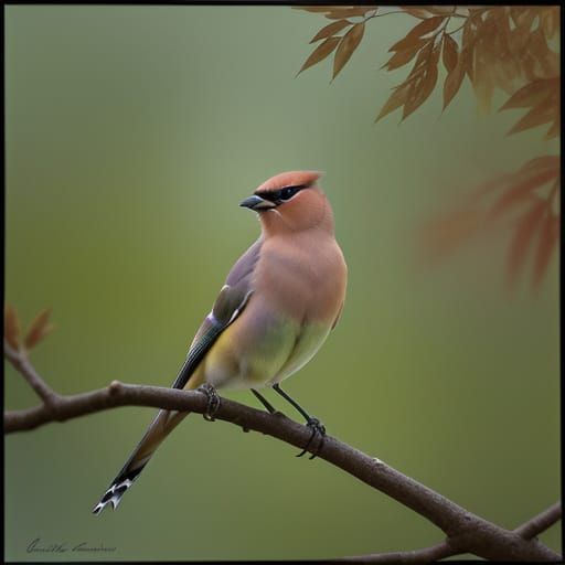 Ethereal Watercolor Portrait of Cedar Waxwing in Pastel Fore...