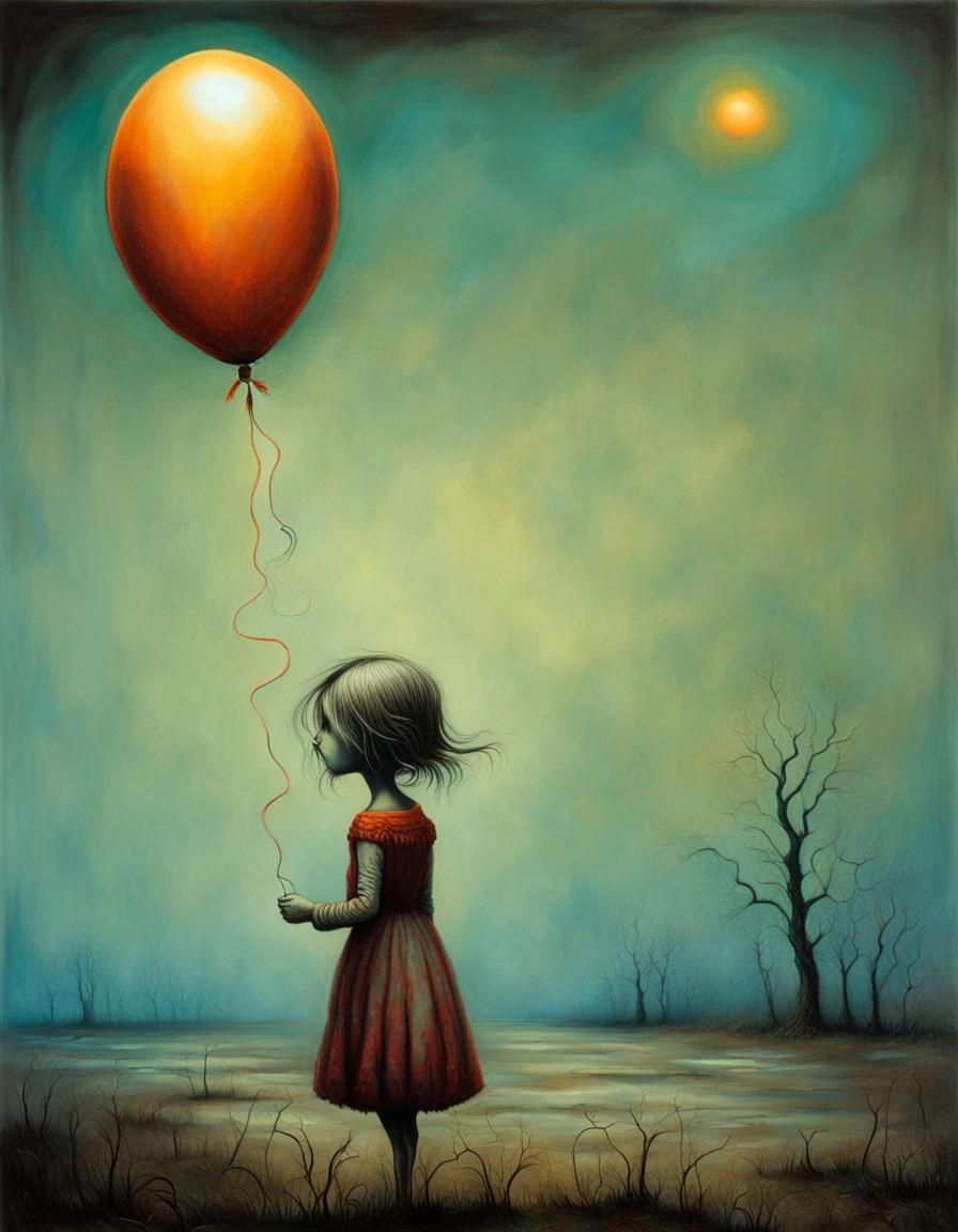 Sad girl with a balloon ., artwork by Esao Andrews, Zdzislaw Beksinski, Gerald Scarfe, Lisa Frank , Rough Neon , biolumi...