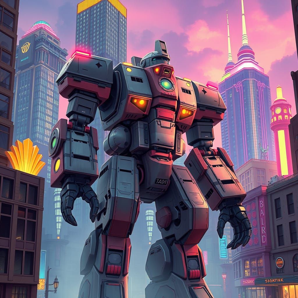 Dieselpunk Robot in a Barbiecore Metropolis