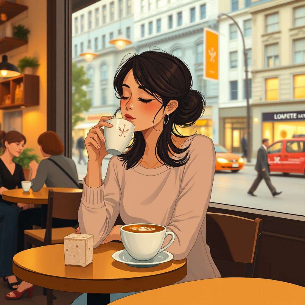 Woman Sips Latte in Cozy Coffee Shop