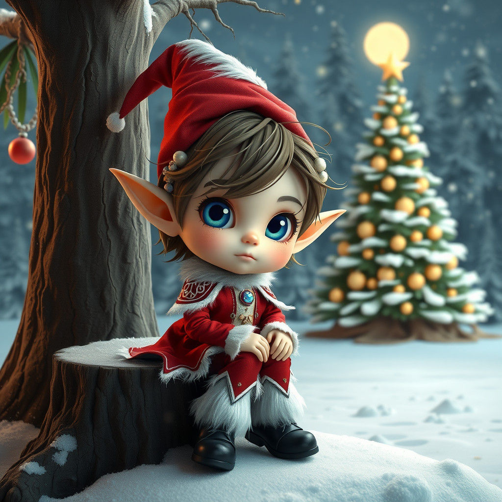 Adorable Chibi Christmas Elf in Art Nouveau Style