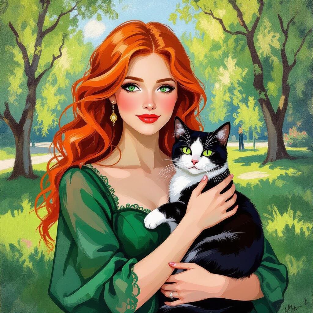 Woman with Cat in Park, Impressionist Style