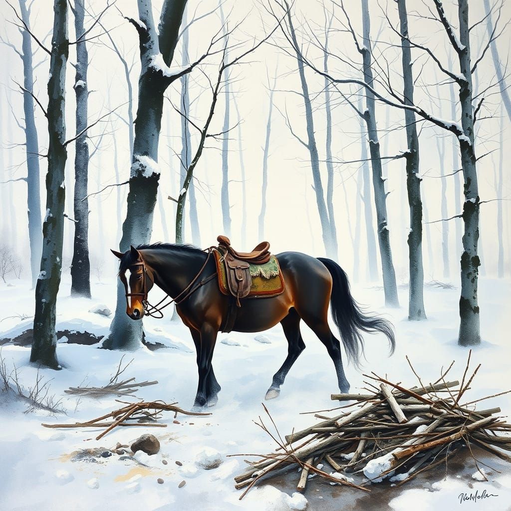 Epic Winter Forest Scene in Vibrant Gouache