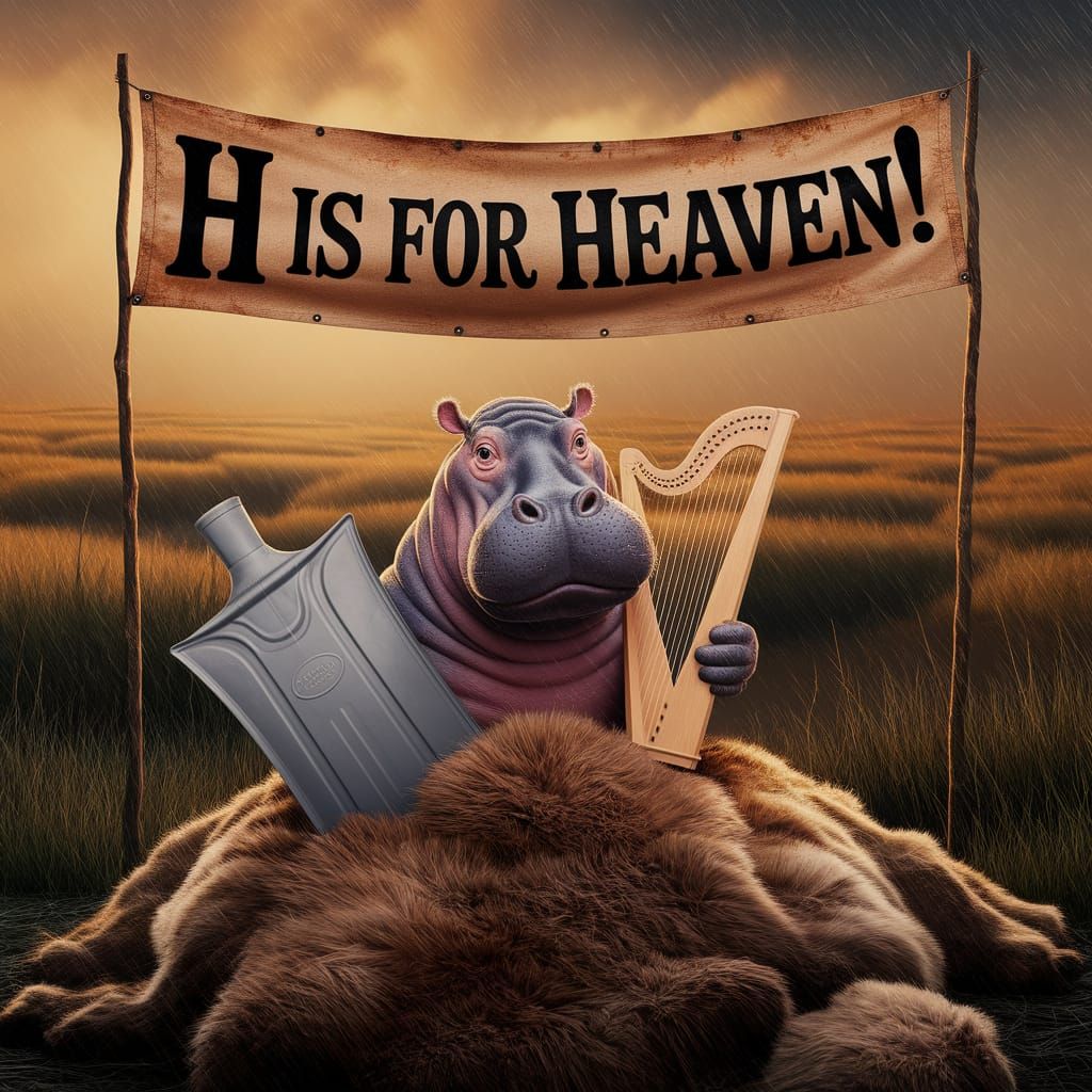 Hippo with Harp in Amber Light: Whimsical Caricature