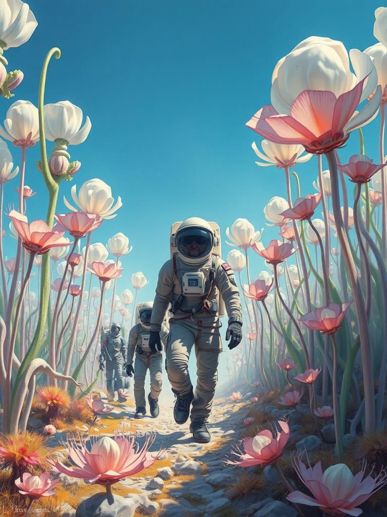 Surreal Alien World with Explorers Amidst Ethereal Flora