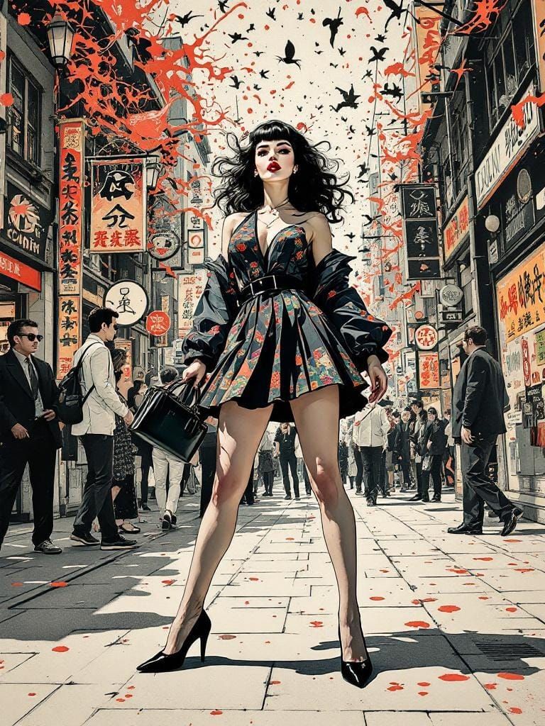 Pin-Up Girl in Ukiyo-e and Ink Style