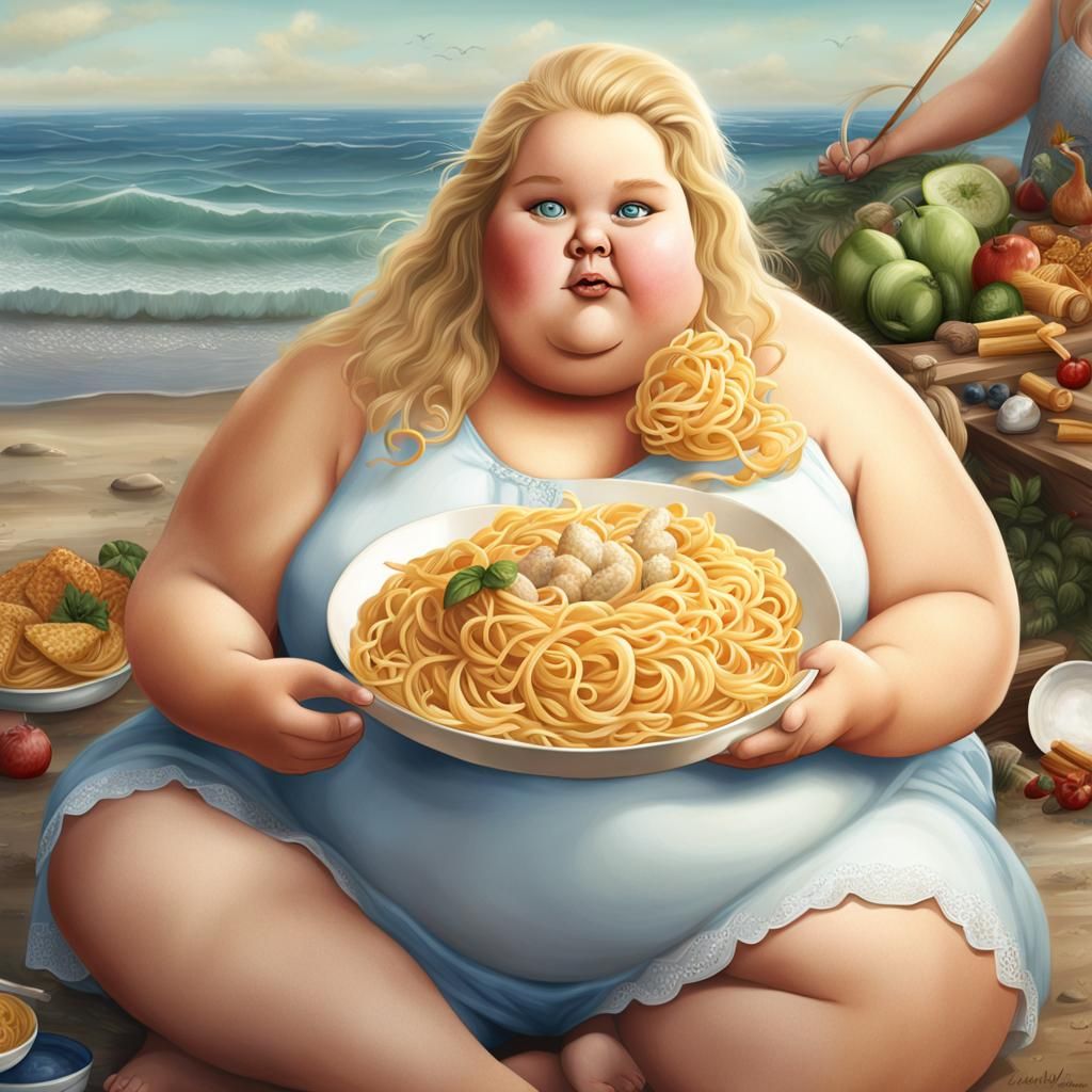 Curvy Blonde Woman Enjoys Beachside Pasta: Fantasy Art