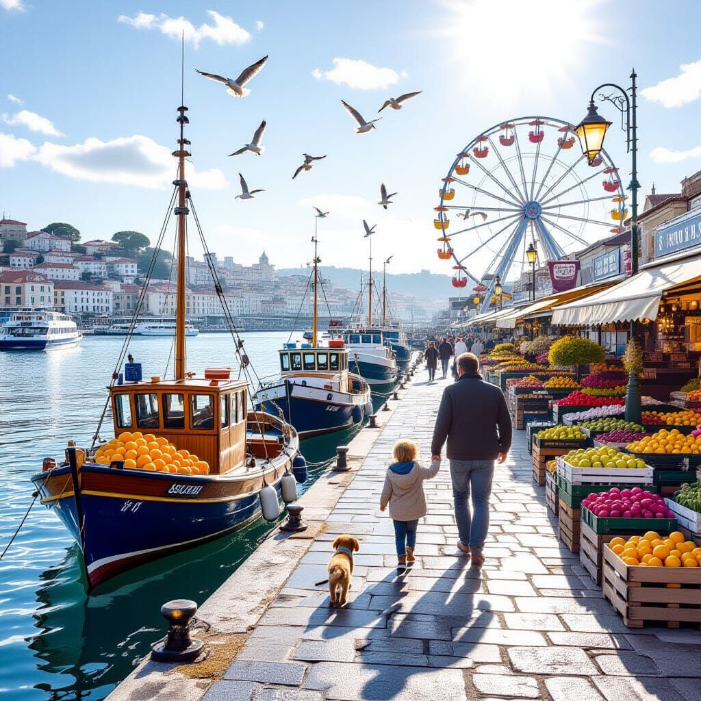Strolling along the busy harbour with dad and puppy