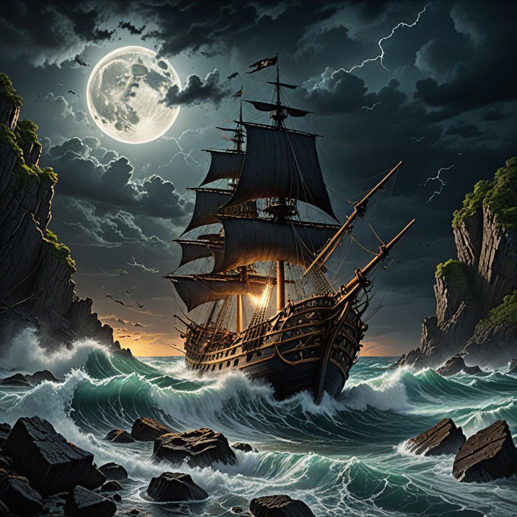 Stormy Inlet Under Full Moon in Cinematic Digital Art