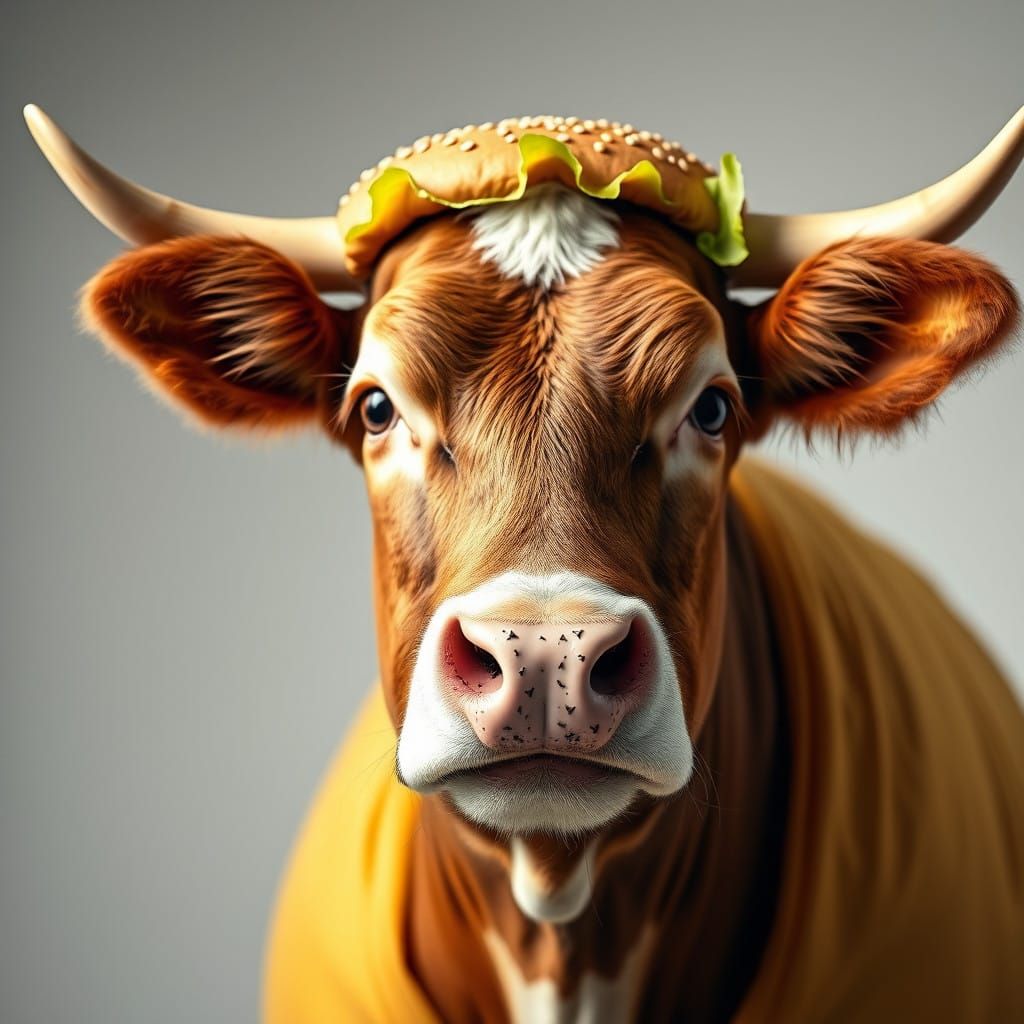 Majestic Cow in Dignified Hamburger Costume