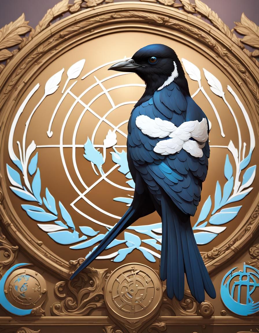 Cartoon Magpie with United Nations Emblem