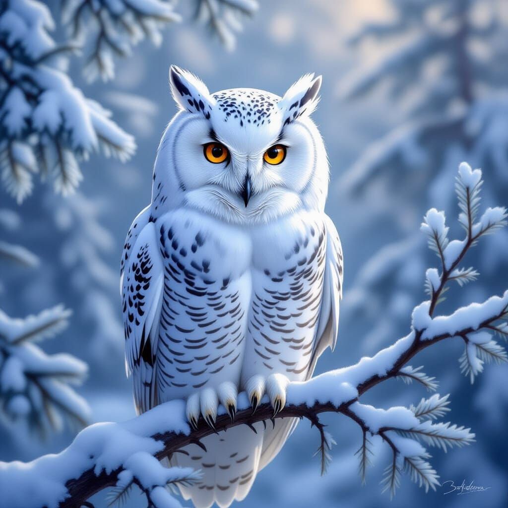 Majestic Snowy Owl in Winter Forest Digital Painting