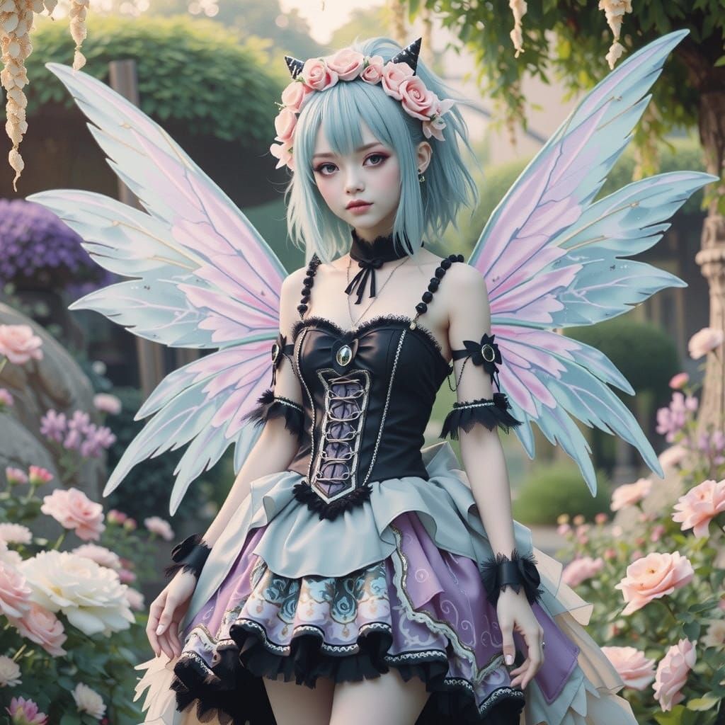 Visual Kei Fairy with Avant-Garde Attire and Giant Wings